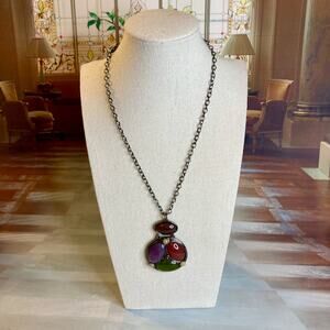 0058 Liz Claiborne Red Purple Green Cabochons on Round Pendant Necklace EUC